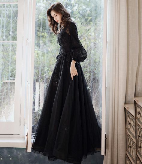 A Line Evening Gown, Black Maxi Evening Dress, Prom Dress A Line, Lace Long Prom Dress, A Line Evening Dress, Long Sleeve Prom, Occasion Dresses Wedding, Black Tulle, Black Evening Dresses