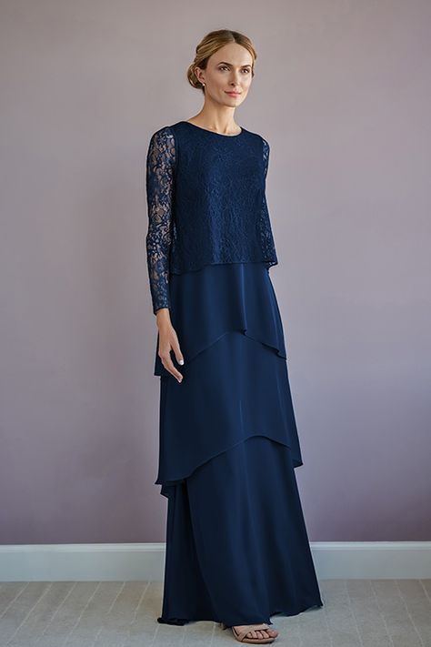 M220005 Long Sleeve Lace Top with Charlotte Chiffon Tiered Skirt Midi Dress Designs, Tiered Dress Formal, Long Sleeve Lace Top, Tiered Dresses, Bride Outfits, Designer Midi Dresses, Mother Of The Bride Outfit, Tiered Skirts, Lace Top Long Sleeve