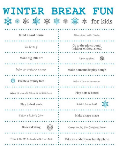 Fun things to do over Winter Break for the kids - need to print out the free printable! Winter Break Activities For Kids, Ivory Soap Experiment, Winter Break Bucket List, Winter Family Activities, Winter Break Activities, Create A Family Tree, Make A Gingerbread House, Winter Activities For Kids, Kids Schedule