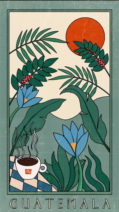 An abstract design of a jungle with a coffee cup titling "illy". Guatemala Aesthetic Art, Guatemala Drawings, Coffee Illustration Artworks, Guatemala Poster, Coffee Plant Illustration, Coffee Art Illustration, Coffee Illustration Art, Coffee Mural, George Greaves