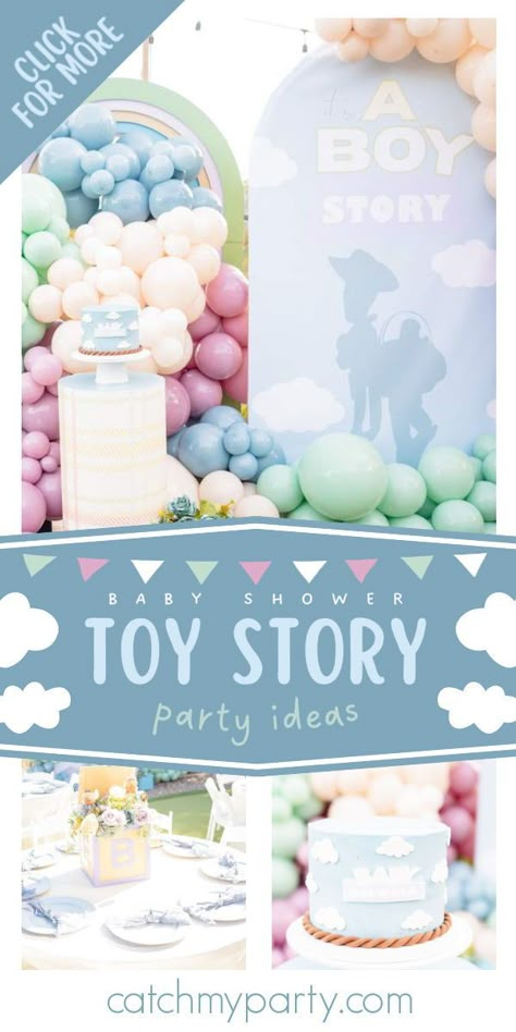 Check out this amazing Toy Story-themed baby shower! What a cute cake! See more party ideas and share yours at CatchMyParty.com Toy Story Neutral Cake, Toy Story Baby Shower Backdrop, Woody Baby Shower Theme, Boy Story Baby Shower Theme Centerpieces, Toy Story Baby Shower Favors, It’s A Boy Story Decor, Baby Shower Toy Story Theme, A Boy Story Baby Shower Ideas, Toy Story Baby Shower Cake