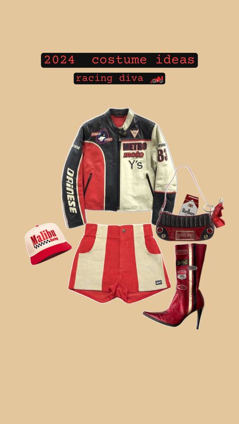 2024 halloween costume ideas women college bike biker racer racing nascar racer jacket red black vintage y2k sporty costume ideas Sporty Halloween Costumes, Biker Halloween Costume, Y2k Sporty, Race Car Driver Costume, Nascar Costume, Biker Costume, Racer Costume, Nascar Racers, Costume Ideas Women