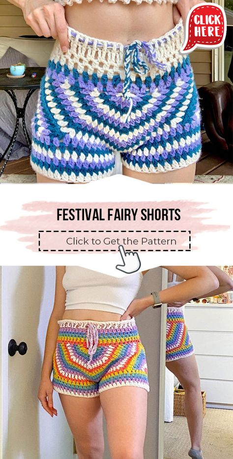 Pride Crochet Patterns Free, Crochet Pants Pattern Free, Crochet Pride Patterns, Crochet Shorts Pattern Free, Festival Crochet Pattern, Pride Crochet, Shorts Pattern Free, Crochet Patterns Free Women, Crochet Shorts Pattern