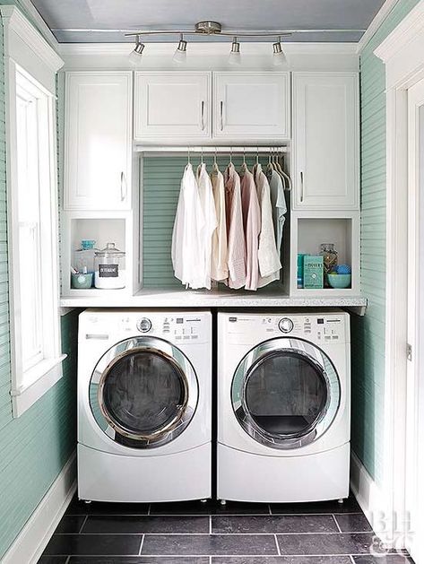 washer dryer in laundry room Laundry Room Countertop, Room Storage Diy, Large Laundry Rooms, Hanging Clothes Racks, Laundry Room Renovation, Kabinet Dapur, Clothes Hanging, Laundry Room Cabinets, Laundry Room Remodel