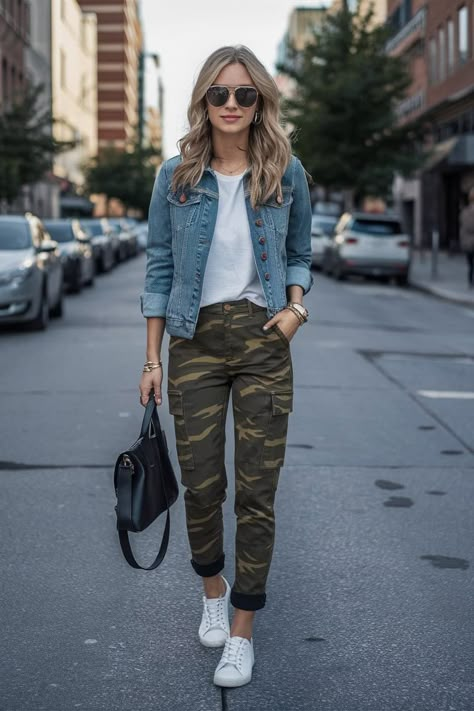 What To Wear With Camo Cargo Pants, How To Style Camo Pants Women, Camoflauge Cargo Outfit, Camo Pants Outfit Casual, Camo Pants Women’s Outfit, Camo Joggers Outfit Women Fall, Camp Pants Outfit Black Woman, Camouflage Pants Outfits For Women, Black Camo Pants Outfit