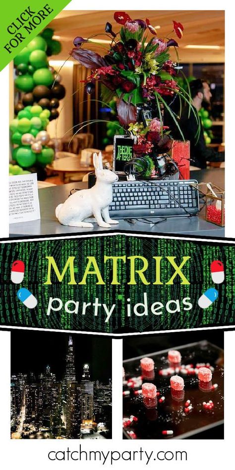 Check out this amazing Matrix birthday party! The party decorations are amazing! See more party ideas and share yours at CatchMyParty.com Matrix Party Ideas, Matrix Party Decorations, Matrix Birthday Party, The Matrix Party, Matrix Themed Party, Matrix Party, Matrix Theme, Movie Night Party Ideas, Night Party Ideas