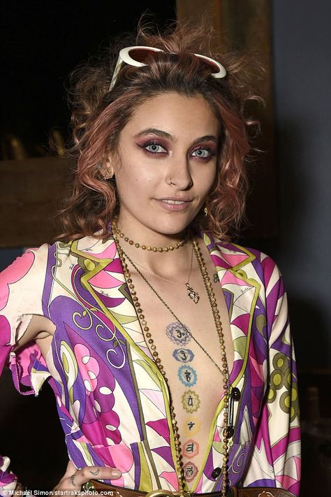 Sizzling: Paris flashed her ornate chest tattoo and ample cleavage in the plunging vintage number Om Chakra Tattoo, Paris Jackson Tattoo, Om Tattoo Design, Chakra Tattoo, S Tattoos, Tattoo Chest, Om Tattoo, About Paris, Paris Jackson