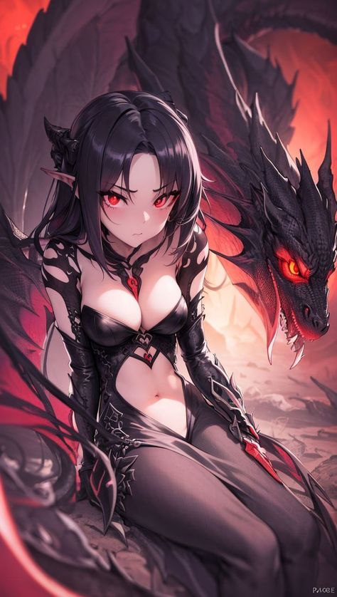 Black Hair Long Hair, Black Hair Long, Art Vampire, Dragon Horns, Female Monster, Modele Fitness, Female Dragon, Vampire Girls, Demon King Anime