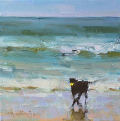 Dog Beach Painting, Ann Blair Brown Paintings, Dogs On Beach Painting, Oil Painting Beach Scenes, Anne Blair Brown Paintings, Small Oil Paintings, Beach Paintings On Canvas, Brown Paintings, Blair Brown