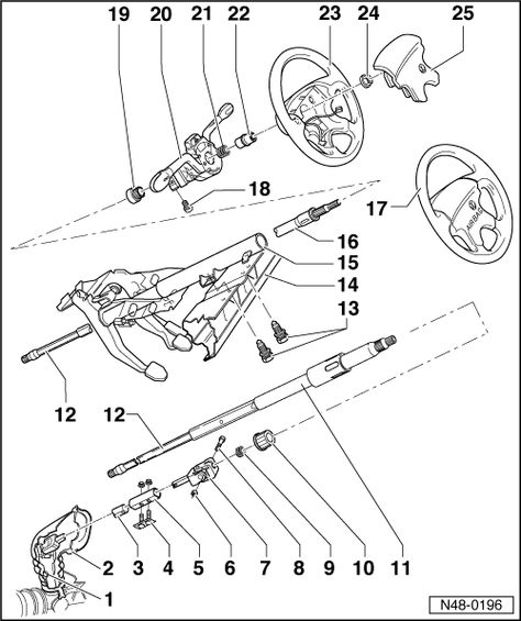 Volkswagen Workshop Manuals > Golf Mk3 > Running gear > Steering > Assembly overview - steering column, column tube, steering wheel and airbag steering wheel Golf Mk3, Golf Mk1, Running Gear, Steering Column, Vw Golf, Repair Manuals, Volkswagen Golf, Steering Wheel, Volkswagen