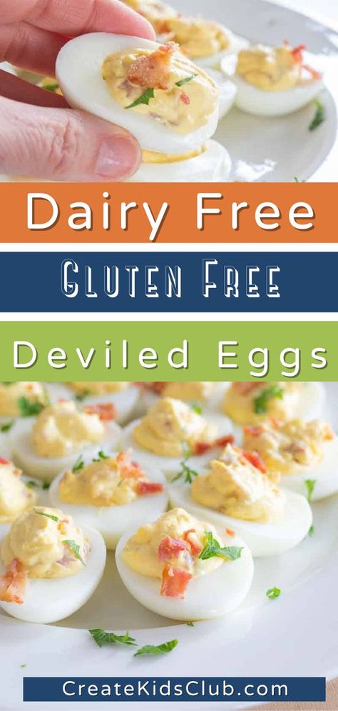 Our Dairy Free Deviled Eggs are the BEST deviled egg recipe around. Featuring mayo flavored with Dijon mustard, cider vinegar, and bacon, you won’t be able to stop at just one! Gluten-Free. Deviled eggs are the perfect bite-sized appetizer and snack. Whether planning to serve your family or guests, these are sure to be a huge hit! Even better, you can have this dish prepped and ready to serve in just 15 minutes. Dairy Free Deviled Eggs, Egg Recipes For Kids, Gluten Free Party Food, Deviled Egg Recipe, Easter Food Appetizers, Homemade Appetizer, Bacon Deviled Eggs, Easy Gluten Free Desserts, Bowl Party Food