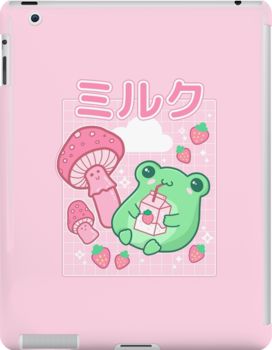 Slim impact-resistant polycarbonate case with protective lip and full access to device ports. Vibrant colors embedded directly into the case for longevity. Available for iPad 4/3/2. Cute cottagecore aesthetic frog drinking strawberry milk under mushroom. Fun vintage retro 90s Japanese inspired illustration graphic design. Soft aesthetic. This Strawberry Milk Frog original drawing makes a cute gift idea for a frog lover or anime and manga fan. Ideal for Japanese pop culture fan, otaku, chibi, tee Cottagecore Frog, Japanese Y2k, Milk Art, Cute Cottagecore, Frog Wallpaper, Frog Drawing, Japanese Pop Culture, Kawaii Gifts, Frog Art