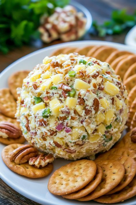 Savor the delightful combination of creamy cheese and tropical pineapple with this Pineapple Cheese Ball recipe, enhanced with green peppers, shallots, and crunchy pecans. Perfect for any gathering! Pineapple Cheeseball, Tennessee Onions, Pineapple Cheese Ball, Pineapple Cheese, Cheese Ball Recipe, Green Peppers, Cheese Ball Recipes, Crunchy Pecans, Cheese Balls