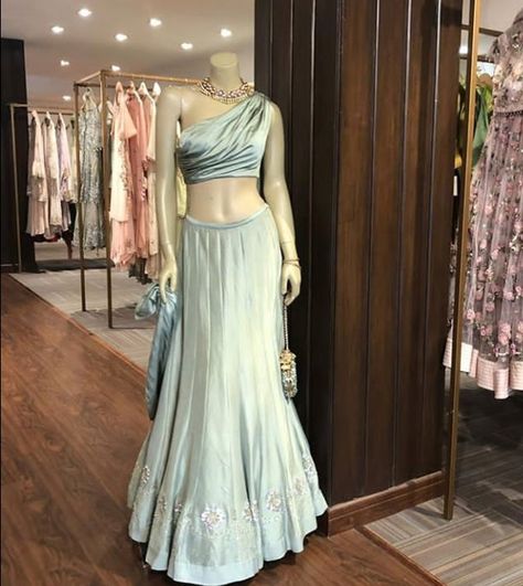 Beautiful satin-Silk Lehenga-Choli.  Modern one off shoulder blouse with dupatta. #Lehenga #traditional #festival #handembroidery #Asmairaa One Shoulder Lengha Blouse, Satin Lengha, One Shoulder Blouse Lehenga, Off Shoulder Blouse Lehenga, Satin Lehenga Choli, Lehenga Traditional, Lengha Dress, Bridesmaids Lehenga, Indian Outfits Modern