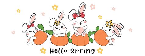 group of Cute Happy white baby bunny rabbit with carrot, Hello Spring, cartoon drawing outline banner Rabbit With Carrot, Spring Cartoon, Cake Cartoon, Bunny With Carrot, Baby Bunny, Rabbit Cartoon, Cartoon Drawing, Cute Happy, Baby Bunnies