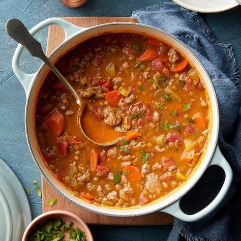 Ham and Lentil Soup Ham And Red Lentil Soup, Lentil Soup With Ham, Brothy Soup Recipes, Lunch Thermos, Ham And Lentil Soup, Dutch Oven Recipe, Ham Soup Recipes, Husband Lunch, Soup With Ham