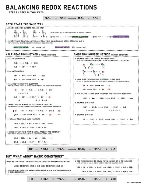 A step by step guide to balancing redox reactions in both acidic and basic conditions. Organic Chemistry Study, Redox Reactions, Chemistry Basics, Ap Chemistry, Chemistry Education, Chemistry Worksheets, Physics Notes, Teaching Chemistry, Study Flashcards