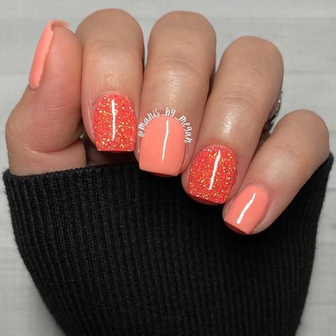 Coral Dip Powder Nails, Coral Nails With Design, Nail Color Combos, Coral Nails, Nail Dip Powder, Nail Dip, Gold Flecks, Dip Powder Nails, Color Coral