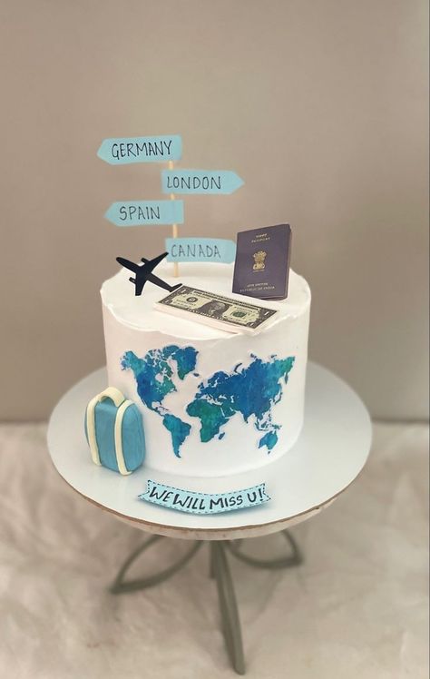 Travel Cakes Birthday, Traveling Theme Cake, Travel One Year Old Party, Traveling Cake Ideas, Globe Birthday Cake, Bon Voyage Cake Canada, Travel Themed Cakes, Travel Cake Design, Pilot Cake Ideas