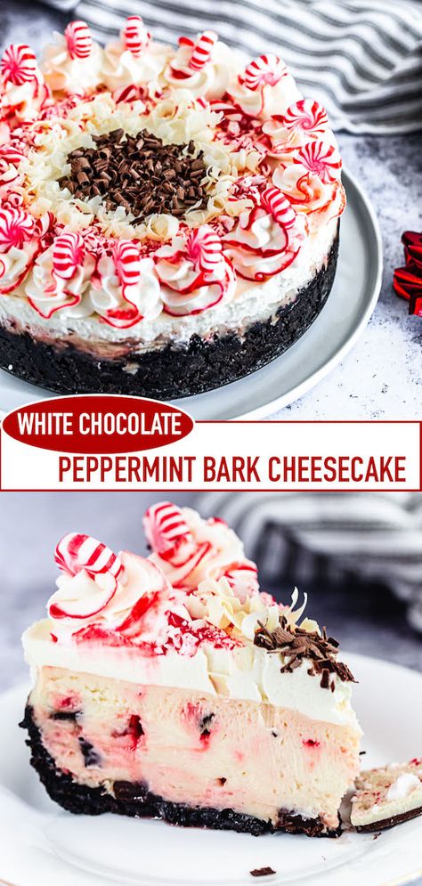 This White Chocolate Peppermint Bark Cheesecake is made with a buttery Oreo crust, creamy white chocolate cheesecake filling loaded with chocolate chunks and crushed candy canes. Sitting on top is a rich white chocolate peppermint mousse and red & white whipped cream swirls for a fun and festive holiday dessert! | queensleeappetit.com #cheesecake #peppermintbark #christmas Candy Cheesecake Recipes, Peppermint Cheesecake Recipes, Candy Cane Cheesecake, Chocolate Peppermint Cheesecake, No Bake Peppermint Bark Cheesecake, Peppermint Mocha Cheesecake, Peppermint Bark Cheesecake Recipe, No Bake Chocolate Peppermint Cheesecake, White Chocolate Peppermint Cheesecake