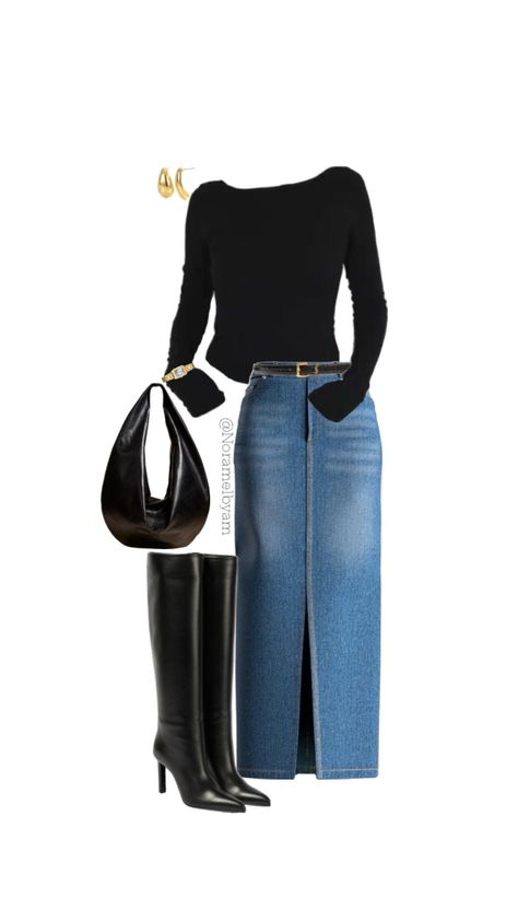 Ib: @ _joannagraziano on insta❤️ this must be my new favorite I’ve done😍 even tho it’s so simple, but that’s what’s making it #chic #effortless #fallfashion #kneehighboots #trending #beauty #minimal Maxi Skirt Outfit Ideas, Denim Maxi Skirt Outfit, Mode Kylie Jenner, Glamouröse Outfits, Skandinavian Fashion, Denim Maxi, Kaia Gerber, Denim Maxi Skirt, Mode Ootd