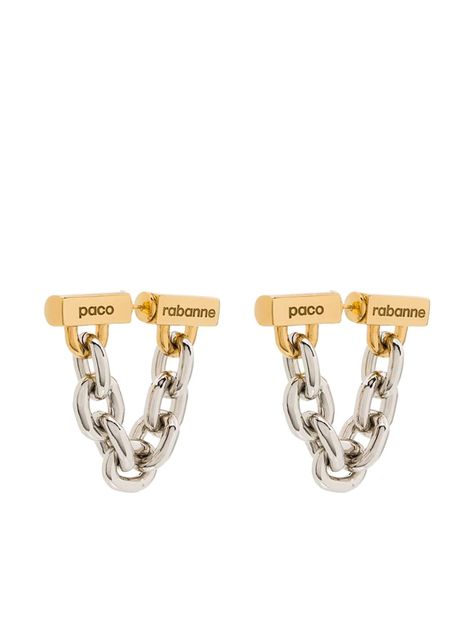 Shop Paco Rabanne Silver & Gold Xl Chain Link Earrings In Silver/ Gold from 400+ stores, starting at $290. Similar ones also available. On SALE now! Engraved logo bars connected by shining chain links make a contemporary statement on these mixed-finish, front/back earrings. Style Name: Paco Rabanne Logo Front/back Earrings. Style Number: 6163516. Front Back Earrings, Ear Pins, Gold Sign, Link Earrings, Gold Engraving, Metal Engraving, Metal Chain Link, Engraved Logo, Paco Rabanne