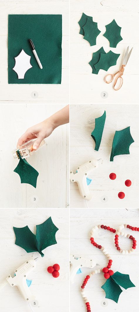 Felt Paper Christmas Decor, Holly Garland Diy, Mistletoe Diy Christmas, Felt Holly Ornament, Felt Garland Diy Christmas, Winter Felt Garland, Felt Holiday Garland, Diy Felt Garland Christmas, Christmas Felt Garland Diy