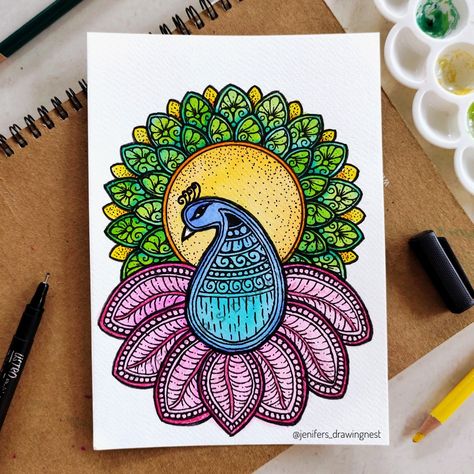 Easy Madhubani Art For Beginners, Madhubani Art For Beginners, Mandala Drawing For Kids, Peacock Mandala Art, Pen Mandala, Rangoli Drawing, Mandala Art For Beginners, Peacock Mandala, Peacock Rangoli