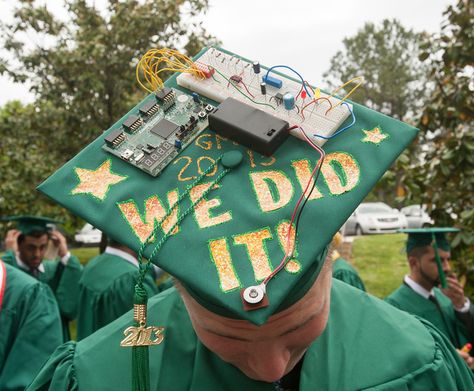 A student wears a decorated graduation cap at the Volgenau School of Engineering 2013 Convocation ceremony. Photo by Alexis Glenn/Creative Services/George Mason University Engineering Graduation Cap, Science Graduation Cap, Engineering Graduation, College Grad Cap Ideas, Diy Graduation Gifts, Teen Stuff, College Graduation Photos, Grad Cap Designs, George Mason