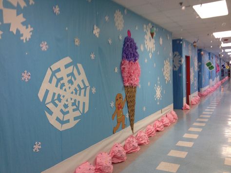 Snowflake lake candyland Snowflake Lake Candyland Decorations, Snowflake Lake Candyland, Deck The Halls School Ideas, Lake Party Decorations, Candyland Halloween, Candyland Decor, Christmas Hallway, Christmas Candyland, Candyland Theme