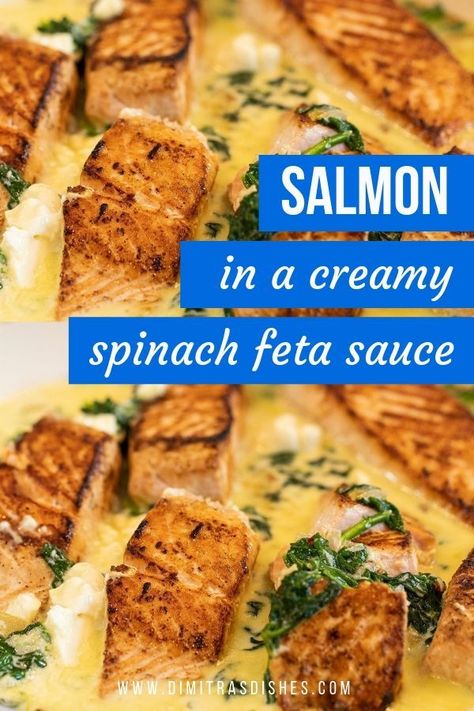 Easy and healthy pan seared salmon recipe that comes together in 30 minutes. The creamy feta and spinach sauce is filling, low-carb, and perfect for a weeknight meal and elegant enough or a dinner party. #seafood #lowcarb #30minutemeals #easydinner #dimitrasdishes Feta Sauce, Dimitras Dishes, Seared Salmon Recipes, Spinach Sauce, Salmon Recipes Pan Seared, Salmon Spinach, Sauce For Salmon, Creamy Feta, Spinach Feta