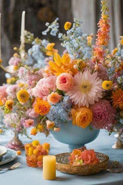 Colorful summer wedding centre piece: pink, blue, yellow, orange wedding flowers    #colorfulwedding #colorfulweddingdecor #summerwedding #weddingtablecenterpieces #summerweddingdecor #summerweddingtablecentrepiece #summerweddingflowers #colorfulsummerwedding #vibrantweddingcolors #vibrantweddingcolorscheme #pinkyelloworangebluewedding #pinkyelloworangeblueweddingflowers April Wedding Theme Ideas, Blue And Bright Color Wedding, Wedding Colorful Centerpieces, Pink Blue And Yellow Party Decor, Flowers In Front Of Stage Wedding, Blue Peach Yellow Wedding, Vibrant Floral Centerpieces, Light Blue Orange Pink Wedding, Yellow Pink Blue Flower Arrangement