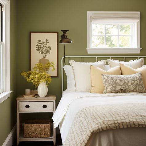 Green Color Psychology, Warm Green Paint Colors, Olive Green Home Decor, Olive Green Paint Colors, Light Yellow Bedrooms, Ochre Bedroom, Olive Green Paint, Olive Bedroom, Rustic Country Kitchen Decor