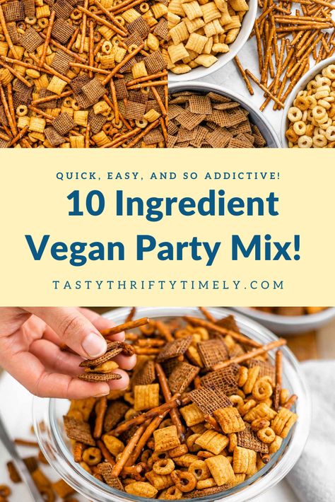 DAY 10🎄12 Days of Vegan Christmas Recipes! PARTY MIX! 10 Ingredients, simple to make, crunchy, a bit of spice, a bit of garlic, and just so darn addictive! ⁠ 🥨A crowd-pleaser AND great for gifting! ⁠ #tastythriftytimely #vegan #veganfood #veganrecipes #plantbasedfood #christmasrecipes #veganpartymix #veegannutsandbolts #veganchexmix #12daysofchristmas #christmassnacks #christmasfingerfood Vegan Chex Mix Christmas, Vegan Chex Mix, Christmas Snacks Savory, Vegan Christmas Treats, Christmas Snack Mix, Party Mix Recipe, Chex Mix Christmas, Holiday Roasts, Vegan Worcestershire Sauce