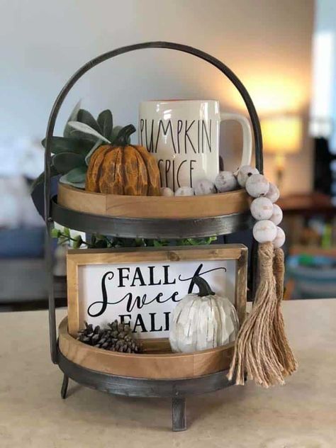 28 Warm And Inviting Fall Kitchen Decorating Ideas To DIY Fall Dining Table Decor Ideas, Dining Table Decor Ideas, Fall Dining Table Decor, Coffee Table Decor Tray, Fall Dining Table, Today Is Monday, Tiered Shelf, Tier Trays, Farmhouse Tray