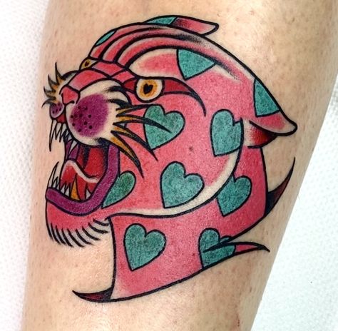 #tattoo #panther #traditional #barbie #hearts #pinkpanther #pink Panther Tattoos, Traditional Panther Tattoo, Leopard Tattoos, Pink Tattoo, Panther Tattoo, 100 Tattoo, Wild Tattoo, Retro Tattoos, Pokemon Tattoo