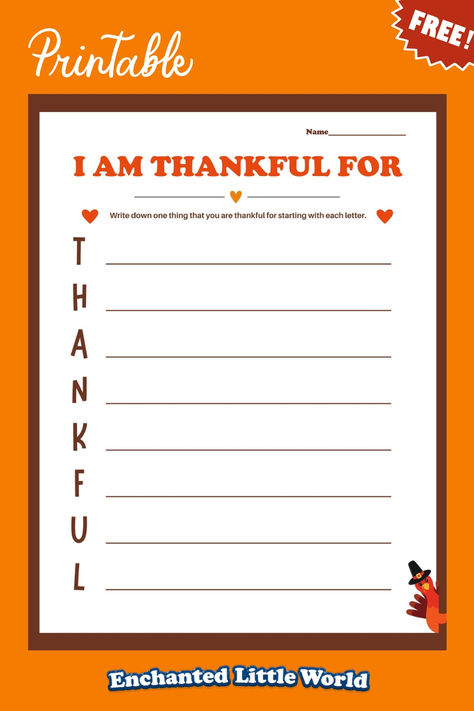 "Free kids printable Thanksgiving gratitude worksheet with a cute turkey, where kids can write what they are thankful for starting with each letter of 'THANKFUL Thankful Worksheets Free Printable, Classroom Thanksgiving Activities, Thanksgiving Free Printables For Kids, Thanksgiving Gratitude Activities, Gratitude Activities For Kids, Tutoring Reading, Gratitude Worksheet, Gratitude Printable, Free Printable Thanksgiving