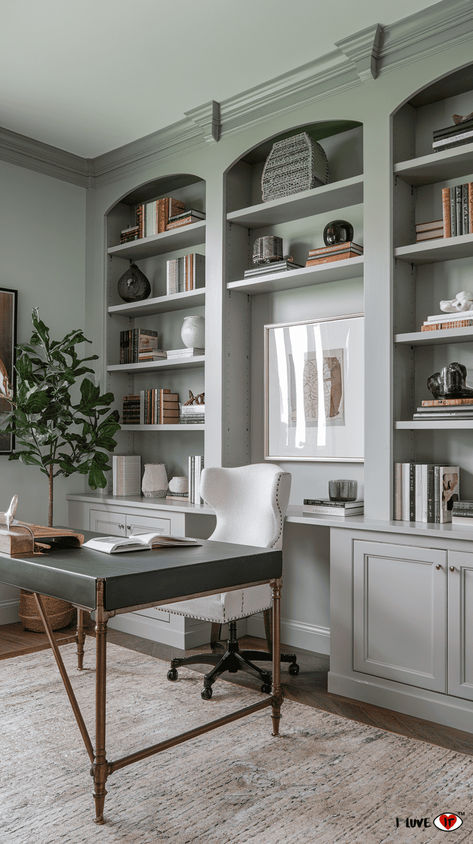 17 Home Office Ideas for a Productive and Stylish Workspace - I Luve It Office Wall Built Ins, Inset Shelves In Wall, Home Office Bright, Coastal Basement, Offices Ideas, Home Office Built Ins, Basement Office, Maximize Small Space, Bring Nature Indoors