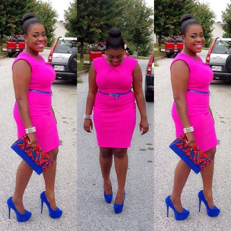 Hot Pink & Royal Blue go well together Pink And Blue Outfits, Blue And Pink Outfit, Outfits With Pink, African Shirt Dress, Curvy Fashion Summer, Hot Pink Bodycon Dress, Cobalt Dress, Creative Outfits, Church Attire