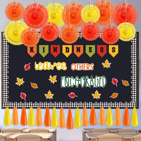 PRICES MAY VARY. All Inclusive Package: this fall classroom bulletin board set comes with 4 letter cutouts, 8 pentagon letters to combine [kindness], 30 maple leave cutouts in 3 different styles, 23 bulletin board borders, 100 glue points, 12 paper fans, and 15 paper tassels, it's a complete party kit that caters to most of your fall or Thanksgiving decoration needs Fall Season Decorations: with a beautiful autumn design that features maple leaves and other seasonal elements, this Thanksgiving b Fall Welcome Bulletin Boards, Thanksgiving Hallway Decorations, Thanksgiving Board Ideas For Work, November Decorations Classroom, Thanksgiving School Decorations, November Bulletin Boards For Elementary, Fall Bulletin Boards For Elementary, Fall Office Decor Work, Thanksgiving Classroom Decorations