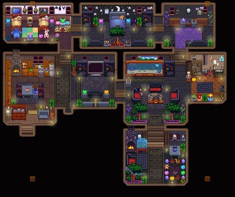 stardew valley dark house, mew layout💖💜 Stardew Valley House Interior Abigail, Stardew Valley Goth Farm, Stardew Valley Dark House, Dark Stardew Valley House, House Stardew Valley Ideas, House Ideas Stardew Valley, Stardew House Decor, Stardew Valley Home Decor, Stardew Valley Gothic House