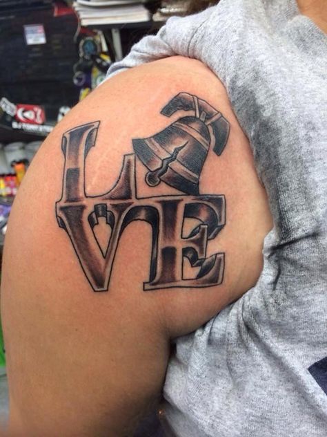 Love this tat! Philly's love & liberty bell. Philly Love Tattoo, Philly Tattoo Ideas, Philly Tattoo, Union Tattoo, Emo Tattoos, Philadelphia Union, Liberty Bell, Love Signs, Love Tattoos