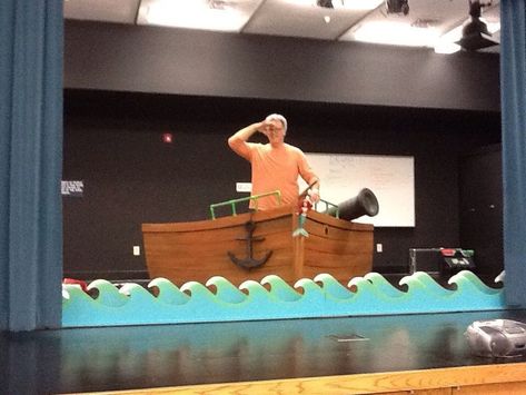 Boat Stage Prop, Cardboard Waves, Peter Pan Play, Ship Cannon, Cardboard Pirate Ship, Boat Props, Peter Pan Jr, Cardboard Boat, Pirate Boats