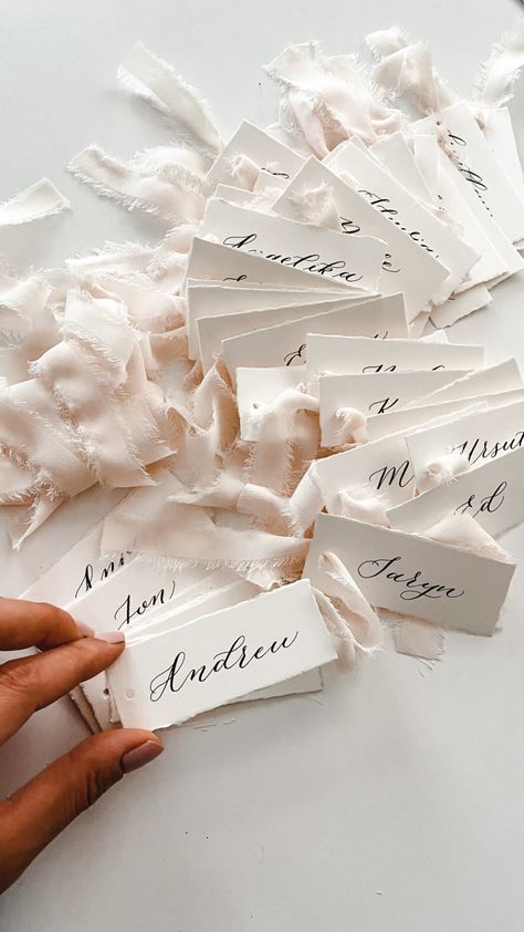 Individually handwritten on ivory smooth card with deckled edge. Engagement Centerpieces, Menu Signs, Wedding Stationary Design, Rose Gold Wedding Decor, Outdoorsy Couple, Confetti Cones, Table Name Cards, February Wedding, Wedding Labels