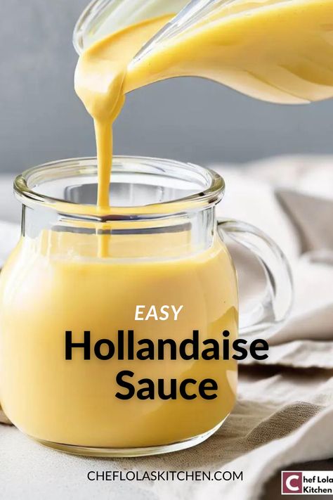 This picture shows hollandaise sauce being poured into a glass jar. Easy Hollandaise Sauce Blender, Omelette With Hollandaise Sauce, Healthy Hollandaise Sauce, Hollandaise Sauce No Lemon Juice, Sauce For Eggs, Holindaise Sauce Recipe Egg Benedict, Easy Hollandaise, Easy Hollandaise Sauce, Homemade Hollandaise Sauce