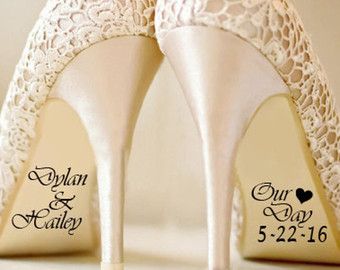 Name and Date Wedding Shoe Sticker Decals Bride and by DinkiDs Note On Wedding Shoes, Wedding Shoe Stickers, Bride And Groom Custom Shoes, Writing On Bottom Of Wedding Shoes, Wedding Shoe Decals, Suits Groom, Bride Ideas, Wedding Sneakers, Wedding Suits Groom