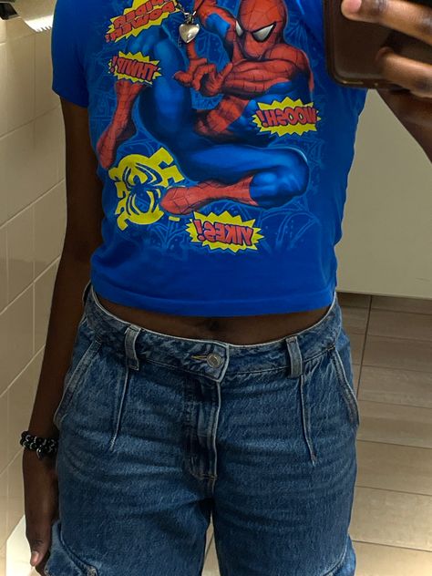 Spiderman Shirt Outfit, Cute Miles Morales, Spiderman Baby Tee, Outfit Inspo Girl, Park Fits, Marvel Cute, Baby Tee Outfit, Blue Marvel, Spiderman Shirt