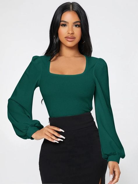 Green Top Outfit, Green Outfits For Women, Dressy Fall Outfits, Dark Green Shirt, Green Long Sleeve Top, Bandeau Crop Top, Flared Sleeves Top, Easy Trendy Outfits, Green Outfit