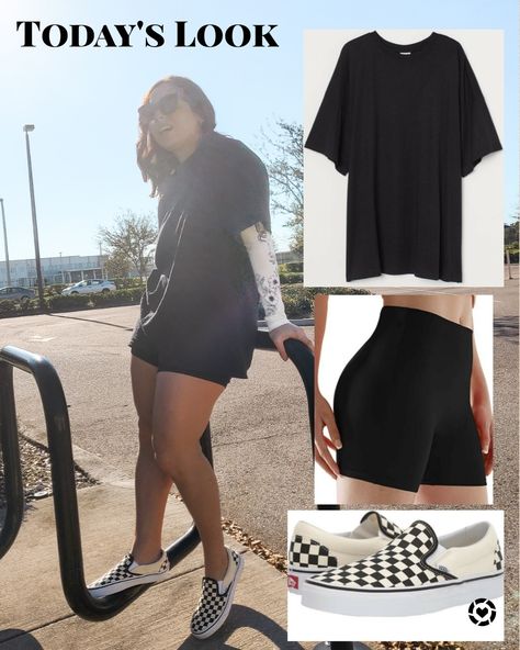 Biker Shorts And Vans Outfit, All Black Biker Shorts Outfit, Alt Biker Shorts Outfit, Ootd Biker Shorts, Black Biker Shorts Outfit, Shorts And Tshirt Outfits, Outfits Con Vans, Vans Outfit Summer, Big Shirt Outfits