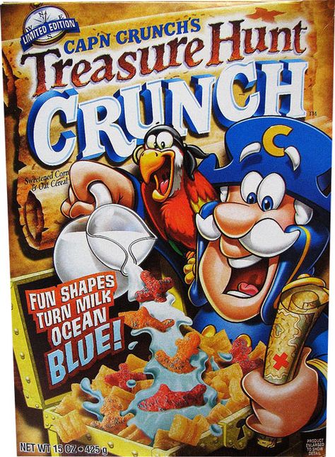 2008 | Cap’n Crunch’s Treasure Hunt Crunch - This limited edition cereal was described on the box as a "sweetened corn & oat cereal... fun shapes turn the milk ocean blue." The cereal pieces consisted of traditional Cap'n Crunch pillows and orange and red anchors, sharks and x's (as in in "x marks the spot"). Childhood Breakfast, Cereal Characters, Cereal Kelloggs, New Cereal, Cap'n Crunch, On My Block, Types Of Cereal, Best Cereal, Cereal Brands